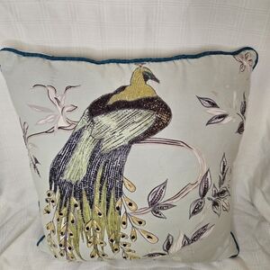 Peacock Decorative Accent Pillow Beaded with Sequins 16x16 EUC Zip Cover‎